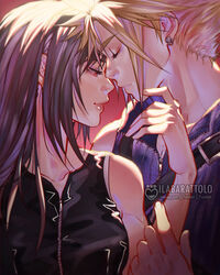  1boy bare_shoulders black_hair black_shirt blonde_hair blue_shirt brown_eyes closed_eyes cloud_strife couple earrings female final_fantasy final_fantasy_vii hand_on_another&#039;s_chin high_collar highres ilabarattolo imminent_kiss jewelry long_hair looking_down red_background ribbed_shirt shirt sidelocks sleeveless sleeveless_shirt spiked_hair straight strap tifa_lockhart zipper zipper_pull_tab 