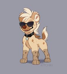  2021 ambiguous_gender collar digital_media_(artwork) eyewear febzhyena_(kitchiki) feral fur hair hyena kitchiki mammal open_mouth smile solo spotted_hyena sunglasses teeth tongue 