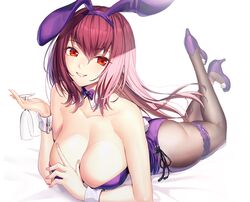  animal_ears ass blush breasts bunny_ears bunnygirl cleavage cropped fate/grand_order fate_(series) garter headband leotard long_hair pantyhose purple_hair red_eyes ririko scathach_(fate/grand_order) tail white wristwear 