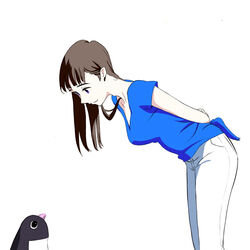  agepanda arms_behind_back bird blue_shirt brown_eyes brown_hair eye_contact female highres leaning_forward long_hair looking_at_animal looking_at_another onee-san_(penguin_highway) pants penguin penguin_highway shirt short_sleeves simple_background smile solo standing white_background white_pants 