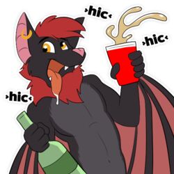  1:1 alcohol alpha_channel anthro bat beverage black_body black_fur bodily_fluids bottle canid canine container cup drooling ear_piercing ear_ring fox fur hair hiccuping kwik_(artist) male mammal membrane_(anatomy) membranous_wings neck_tuft piercing pink_nose razor_the_flying_fox-bat red_body red_cup red_fur red_hair ring_piercing saliva simple_background smile solo sticker telegram telegram_sticker tongue tuft wings yellow_eyes 