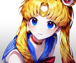  absurdres bishoujo_senshi_sailor_moon bishoujo_senshi_sailor_moon_s blonde_hair blue_eyes blue_sailor_collar breasts choker circlet cleavage clenched_teeth collarbone crescent crescent_earrings derivative_work diadem earrings eyelashes female gradient_background ha_youn hair_over_shoulder heart heart_choker highres jewelry korean_commentary long_hair magical_girl meme parted_bangs red_choker sailor_collar sailor_moon sailor_moon_redraw_challenge_(meme) sailor_senshi_uniform screenshot_redraw simple_background solo sweatdrop teeth tsukino_usagi twintails upper_body white_background 