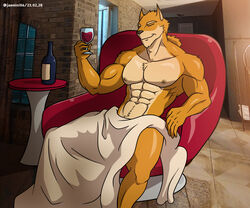  6:5 abs absurd_res alcohol alkan anthro armchair beverage big_pecs bottomwear chair closed_eyes clothed clothing container cup drinking_glass felid feline fur furniture glass glass_container glass_cup havert_(character) hi_res lynx male mammal multicolored_body muscular muscular_anthro muscular_male navel nipples orange_body orange_fur pecs solo topless topless_anthro topless_male towel towel_only two_tone_body wine wine_glass 