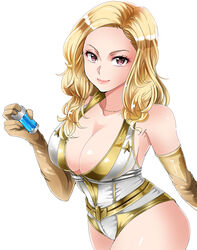  1041_(toshikazu) animification breasts brown_eyes brown_gloves cleavage collarbone commentary_request elbow_gloves eyeshadow female gloves holding jewelry leotard looking_at_viewer makeup medium_hair necklace red_eyeshadow red_hair smile solo starlight_(the_boys) superhero_costume the_boys white_background white_leotard 