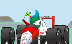  2022 blue_eyes brazil brazilian_flag english_text formula formula_1 formula_1_car gallade generation_4_pokemon green_hair hair hi_res humanoid jk04btg male nintendo not_furry pokemon pokemon_(species) racer signature simple_background solo text 