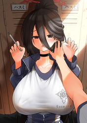  against_locker black_choker black_hair blue_archive blush breasts choker female gym_uniform hair_between_eyes halo hasumi_(blue_archive) hasumi_(track)_(blue_archive) highres huge_breasts jacket locker looking_at_viewer macchiato_(jae-min_cho) mole mole_under_eye official_alternate_costume ponytail pov pov_hands red_eyes shirt sportswear straight sweat track_jacket upper_body variant_set white_shirt 