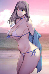  arms_behind_back beach bikini blue_choker blue_shirt breasts brown_hair choker cleavage cloud female front-tie_bikini_top front-tie_top green_eyes highres large_breasts long_hair navel original outdoors saigado shirt shore sky solo swimsuit underboob unworn_shirt water 