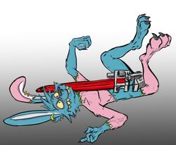  2021 3_fingers 3_toes anthro barefoot blue_body blue_fur buckteeth claws damaged digital_drawing_(artwork) digital_media_(artwork) ear_piercing fangs feet fingers frown fur hair hare hodgepodge_(krolik) krolik lagomorph leporid long_ears male mammal piercing pink_body pink_fur pose rabbit sharp_teeth signature solo teeth toes undead zombie 