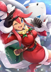  ass bag black_gloves blue_eyes blush boots breasts christmas dress feathers female gift_bag gloves gonzarez hair_ornament hat highres holding holding_bag large_breasts long_hair looking_at_viewer official_alternate_costume one_eye_closed one_side_up open_mouth pokemon pokemon_(creature) pokemon_masters_ex red_hair santa_boots santa_costume santa_dress santa_gloves santa_hat short_dress short_hair_with_long_locks sidelocks skyla_(holiday_2020)_(pokemon) skyla_(pokemon) smile togekiss 