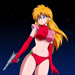  alpha_(game) blonde_hair blue_eyes chris_(alpha) crop_top elbow_gloves female gloves gun hair_between_eyes highres holding holding_gun holding_weapon inferno_(nanbu14) long_hair midriff navel night night_sky outdoors panties red_gloves red_panties retro_artstyle sidelocks skindentation sky solo standing star_(sky) starry_sky underwear weapon 