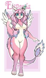  2018 anthro blue_eyes breasts dragon featureless_breasts female flower hair horn hybrid kittellox_(artist) looking_at_viewer mythological_creature mythological_scalie mythology naturally_censored on_one_leg pink_hair plant scalie simple_background smile solo standing tail wings 