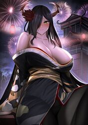  architecture azur_lane bare_shoulders black_hair black_kimono black_pantyhose blush breasts breasts_apart cleavage east_asian_architecture female fireworks flower friedrich_der_grosse_(azur_lane) friedrich_der_grosse_(dark_raiments_of_gagaku)_(azur_lane) from_below full-face_blush gdat hair_over_one_eye highres horn_ornament horns huge_breasts japanese_clothes kimono long_hair looking_at_viewer looking_down mature_female mechanical_horns off_shoulder official_alternate_costume panties panties_under_pantyhose pantyhose red_flower red_horns sagging_breasts sash sitting solo underwear very_long_hair yellow_eyes yellow_sash 