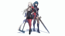  2girls blue_eyes blue_hair boots byleth_(female) cape edelgard_von_hresvelg fire_emblem long_hair pantyhose steelleets sword weapon white_hair 