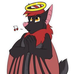  1:1 alpha_channel anthro bat black_body black_fur canid canine ear_piercing ear_ring fox fur hair halo hands_together hybrid kwik_(artist) male mammal membrane_(anatomy) membranous_wings neck_tuft piercing pink_nose razor_the_flying_fox-bat red_body red_fur red_hair ring_piercing simple_background solo sticker telegram telegram_sticker tuft whistling wings yellow_eyes 