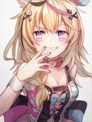  animal_ears antenna_hair black_hair blonde_hair blue_nails bow bowtie braid commentary female fingernails fox_ears grey_background grin hair_ornament hairclip hand_to_own_mouth hand_up hololive long_hair looking_at_viewer messy_hair multicolored_hair multicolored_nails nail_polish oerba_yun_fang omaru_polka omaru_polka_(1st_costume) pink_hair playing_card_theme purple_eyes red_nails showgirl_skirt side_braid simple_background single_braid smile solo streaked_hair upper_body virtual_youtuber wrist_cuffs ydpfa 