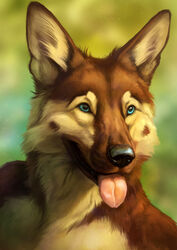  2018 anthro blue_eyes brown_body brown_fur canid canine canis cheek_dots detailed detailed_fur detailed_shading domestic_dog ears_up front_view fur german_shepherd herding_dog hi_res johis male mammal pastoral_dog photorealism portrait raymond_(raymond) realistic realistic_anatomy realistic_anthro realistic_fur realistic_lighting realistic_shading solo tan_body tan_fur tongue tongue_out 