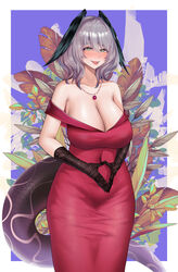  :d absurdres alternate_costume arknights bare_shoulders black_gloves breasts commentary_request covered_navel cowboy_shot dress female gloves green_eyes grey_hair head_wings highres ho&#039;olheyak_(arknights) jewelry looking_at_viewer medium_hair necklace off-shoulder_dress off_shoulder open_mouth own_hands_together red_dress short_sleeves smile snake_tail solo standing tail wings zhait007 