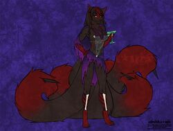  2019 4_toes 5_fingers alishka anthro avoid_posting breasts canid canine clothed clothing digital_media_(artwork) featureless_crotch feet female fingers fox fur mammal nocturne_alson purple_background red_body red_fur simple_background smile solo toes 