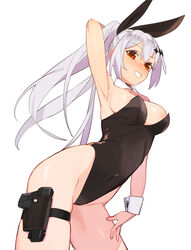  animal_ears arm_up armpits bare_shoulders beijuu blush bow breasts brown_eyes bunny_day cleavage commentary fake_animal_ears female five-seven_(girls&#039;_frontline) fn_five-seven girls&#039;_frontline gun hair_ornament hair_ribbon handgun highres holster large_breasts leotard long_hair looking_at_viewer playboy_bunny ponytail rabbit_ears ribbon smile solo thigh_holster thigh_strap very_long_hair weapon white_background white_hair 