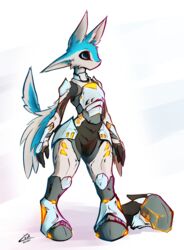  4_ears ambiguous_gender anthro armor avali avalon_(avali_homeworld) avian black_eyes blue_body bodysuit breastplate clothing fluffy fluffy_tail grey_body headgear helmet hi_res lights lodi_(artist) multi_ear skinsuit solo tail tight_clothing wide_hips winged_arms wings 