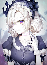  abyssal_ship anzio_princess collarbone colored_skin commentary_request dress female gloves hair_between_eyes kantai_collection puffy_short_sleeves puffy_sleeves purple_eyes revision rui_shi_(rayze_ray) short_hair short_sleeves smile solo stitched_neck stitches upper_body white_gloves white_hair white_skin 