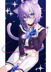  :&lt; ahoge animal_ear_fluff animal_ears between_legs black_collar black_panties black_shirt blush breasts buttons cat_ears cat_girl cat_tail cinderella_(vocaloid) closed_mouth cococo_moru collar commentary cropped_shirt double-breasted feet_out_of_frame female frown furrowed_brow glass_footwear glasses hair_between_eyes hand_between_legs highres holding holding_shoes hololive light_purple_hair looking_at_viewer medium_breasts medium_hair midriff navel necktie nekomata_okayu nekomata_okayu_(casual) official_alternate_costume open_fly panties panty_peek purple-framed_eyewear purple_eyes sailor_collar semi-rimless_eyewear shirt shoes short_necktie shorts sitting solo sparkle tail twitter_username underwear virtual_youtuber white_necktie white_shorts 