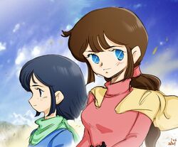  2girls blue_eyes blue_hair brown_hair cape freckles maria_(xabungle) multiple_girls ponytail scarf sentou_mecha_xabungle shijou_yukimasa virin_nada 