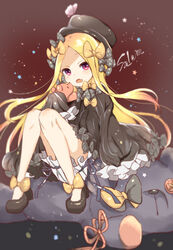  abigail_williams_(fate) absurdres bad_id bad_pixiv_id black_bow black_dress black_footwear black_hat blonde_hair bloomers bow brown_background bug butterfly dress fate/grand_order fate_(series) female hairbow hat head_tilt high_heels highres hiro_(14806390) holding holding_stuffed_toy long_hair long_sleeves looking_at_viewer oerba_yun_fang open_mouth orange_bow parted_bangs polka_dot polka_dot_bow purple_eyes sitting sitting_on_object sleeves_past_wrists solo star_(symbol) starry_background stuffed_animal stuffed_toy teddy_bear underwear very_long_hair white_bloomers 