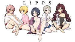  5girls ahoge asymmetrical_hair bad_id bad_twitter_id barefoot belt black_camisole black_eyes black_panties black_tank_top blonde_hair blue_eyes blue_hair blush breasts brown_hair camisole cleavage collarbone commentary_request denim denim_shorts earrings eyelashes feet floral_print full-face_blush fur_sweater green_eyes grey_hair hair_between_eyes hayami_kanade highres hip_focus hoop_earrings ichinose_shiki idolmaster idolmaster_cinderella_girls jewelry jougasaki_mika knees_up lab_coat legs licking_lips lipps_(idolmaster) long_hair looking_at_viewer medium_breasts miyamoto_frederica multiple_girls necklace off_shoulder omaru_gyuunyuu one_eye_closed panties panty_pull parted_bangs parted_lips pink_hair pink_shirt pink_skirt purple_skirt purple_sweater rose_print shiomi_syuko shirt short_hair shorts simple_background sitting skirt smile soles stenciled_rose sweater tank_top thighs tongue tongue_out twintails underwear wavy_hair white_background white_shirt yellow_eyes 