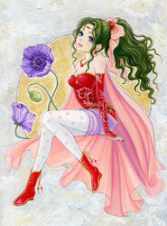  acrylic_paint_(medium) bad_id bad_pixiv_id bare_shoulders boots bow breasts bud cape circlet cleavage detached_sleeves earrings female final_fantasy final_fantasy_vi flower green_hair hair_ribbon jewelry legs lips medium_breasts nail_polish necklace painting_(medium) pantyhose pink_bow polka_dot polka_dot_legwear ponytail poppy_(flower) ribbon sitting solo terra_branford toyoda_izumi traditional_media wavy_hair white_pantyhose 