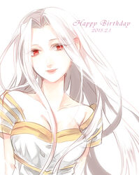  commentary_request dated dress fate/zero fate_(series) female happy_birthday irisviel_von_einzbern irisviel_von_einzbern_(angel&#039;s_song) long_hair mogupen photoshop_(medium) red_eyes solo white_hair 