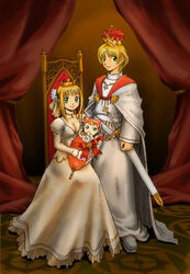  1boy 2girls baby blonde_hair cornet_espoir crown dress earrings family ferdinand_marl_e green_eyes highres jewelry kururu_(little_princess) little_princess marl_kingdom multiple_girls necklace official_art rhapsody ryoji_(nomura_ryouji) short_hair smile sword weapon 