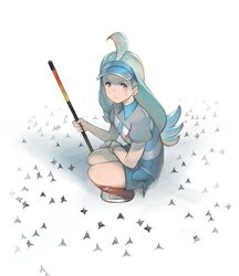  ahoge blue_eyes blue_hair caltrops commentary_request female flipped_hair gloves golf_club hanarito kahili_(pokemon) light_blue_hair mole mole_under_eye pencil_skirt pokemon pokemon_sm single_glove skirt solo squatting sweat 