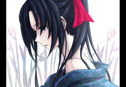  bare_shoulders black_hair blue_eyes crying female girasolem japanese_clothes k_hearts kamiya_kaoru kimono long_hair plant ponytail red_ribbon ribbon rurouni_kenshin solo tears white_background 