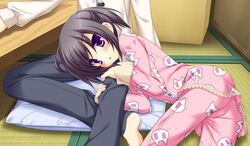  1boy :o animal_print black_hair black_pants blue_eyes blush box cat_print collared_shirt female frills game_cg head_out_of_frame hugging_own_legs indoors itou_mikoto koiiro_soramoyou legs long_sleeves lucie lying on_lap on_side pajamas pants parted_lips pillow pink_pajamas shirt short_hair sleeves_rolled_up solo_focus table tatami 