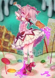  bad_id bad_pixiv_id blood bow bubble_skirt choker dress female gloves hairbow kaname_madoka kaname_madoka_(magical_girl) kneepits kuma_jet looking_back magical_girl mahou_shoujo_madoka_magica mahou_shoujo_madoka_magica_(anime) pink_eyes pink_hair puffy_sleeves short_hair short_twintails skirt solo staff twintails witch&#039;s_labyrinth 