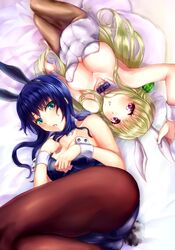  2girls animal_ears ass blonde_hair blue_hair bow bowtie breasts cleavage commentary_request detached_collar green_eyes highres kanon kawasumi_mai kurata_sayuri large_breasts long_hair lying multiple_girls pantyhose playboy_bunny purple_eyes rabbit_ears rabbit_tail reimaco tail upside-down wrist_cuffs 