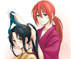  1boy black_hair blue_eyes blue_ribbon blush couple female female girasolem himura_kenshin japanese_clothes k_hearts kamiya_kaoru kimono long_hair male orange_hair ponytail purple_eyes ribbon rurouni_kenshin scar 