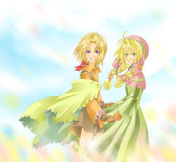  1boy :d ahoge blonde_hair bow brown_hair cloud colette_mapleleaf couple dress female fringe_trim gloves green_eyes happy hat holding_hands long_hair long_sleeves niji_akari open_mouth poncho purple_eyes ribbon shawl shorts sidelocks sky smile straight tim_rhymeless twintails wild_arms wild_arms_2 