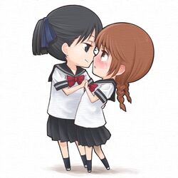  2girls black_hair blush braid chibi holding_hands kuchibiru_tameiki_sakurairo multiple_girls naraken_(girlfriends) narumi_abe school_uniform serafuku tachiba yuri 