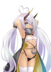  ahoge aiueonesan_(umanaminoatama) anchor armor armpits arms_up azur_lane bad_id bad_pixiv_id bandeau bare_shoulders black_cape black_gloves black_panties blue_eyes breasts bunching_hair cape covered_mouth cowboy_shot dark-skinned_female dark_skin eyes_visible_through_hair female fingerless_gloves gloves gorget grey_hair hair_over_one_eye headgear heart heart_ahoge heterochromia horns indianapolis_(azur_lane) long_hair looking_at_viewer low_twintails navel panties simple_background small_breasts solo standing thighhighs transparent_background twintails underwear very_long_hair white_bandeau white_thighhighs yellow_eyes 