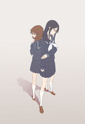  2girls back-to-back black_hair blue_eyes brown_hair commentary_request glasses hibike!_euphonium highres kneehighs loafers long_hair long_legs multiple_girls oumae_kumiko photoshop_(medium) red-framed_eyewear sanada_(tony2035176) semi-rimless_eyewear shoes socks standing tanaka_asuka white_legwear 