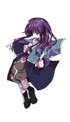  1other androgynous bad_id bad_link bad_twitter_id bandaged_leg bandages capelet clause_(len&#039;en) coat jandare len&#039;en long_hair necktie open_mouth other_focus puffy_pants purple_eyes purple_hair smile solo source_request 