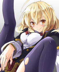  akuma_no_riddle blonde_hair blush breasts brown_eyes commentary_request female hashiri_nio looking_at_viewer medium_breasts pantyhose school_uniform short_hair skirt smile solo torn_clothes torn_pantyhose tyone white_background 