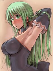  angel_mort armpits arms_up blush breasts commentary_request covered_nipples detached_sleeves dress female green_eyes green_hair higurashi_no_naku_koro_ni impossible_clothes impossible_dress large_breasts long_hair navel solo sonozaki_shion sweat waitress zenkou 