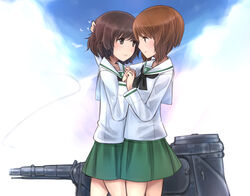  2girls akiyama_yukari bad_id bad_pixiv_id blouse blush brown_eyes brown_hair couple girls_und_panzer green_skirt heart heart-shaped_pupils holding_hands hug interlocked_fingers long_sleeves military military_vehicle miniskirt motor_vehicle multiple_girls neckerchief nishizumi_miho ooarai_school_uniform panzer_iv pleated_skirt school_uniform serafuku shirt short_hair skirt standing symbol-shaped_pupils tank umasanjin white_shirt yuri 