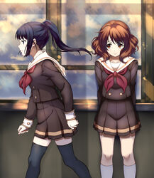  2girls black_hair blush brown_eyes brown_hair commentary_request hibike!_euphonium highres kitauji_high_school_uniform kousaka_reina long_hair multiple_girls neckerchief oumae_kumiko photoshop_(medium) ponytail purple_eyes red_neckerchief sanada_(tony2035176) school_uniform serafuku short_hair thighhighs zettai_ryouiki 