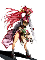  1boy alternate_weapon artistic_error blonde_hair blue_eyes breast_rest breasts breasts_on_head commentary_request female green_eyes laevatein_(nanoha) large_breasts long_hair lyrical_nanoha mahou_shoujo_lyrical_nanoha mahou_shoujo_lyrical_nanoha_a&#039;s pink_hair ponytail signum straight weapon yuuichi_(eunoxline) yuuno_scrya 