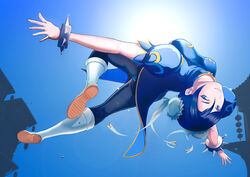  blue_eyes chun-li female jumping looking_at_viewer sky smile street_fighter takemaru08 