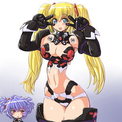  2girls alternate_costume altines altrene armor bad_id bad_pixiv_id bikini_armor blonde_hair blue_eyes blue_hair breasts busou_shinki dd_(ijigendd) doll_joints double_v elbow_gloves gloves green_hair joints large_breasts mecha_musume multiple_girls red_eyes revealing_clothes short_hair thighhighs twintails v 